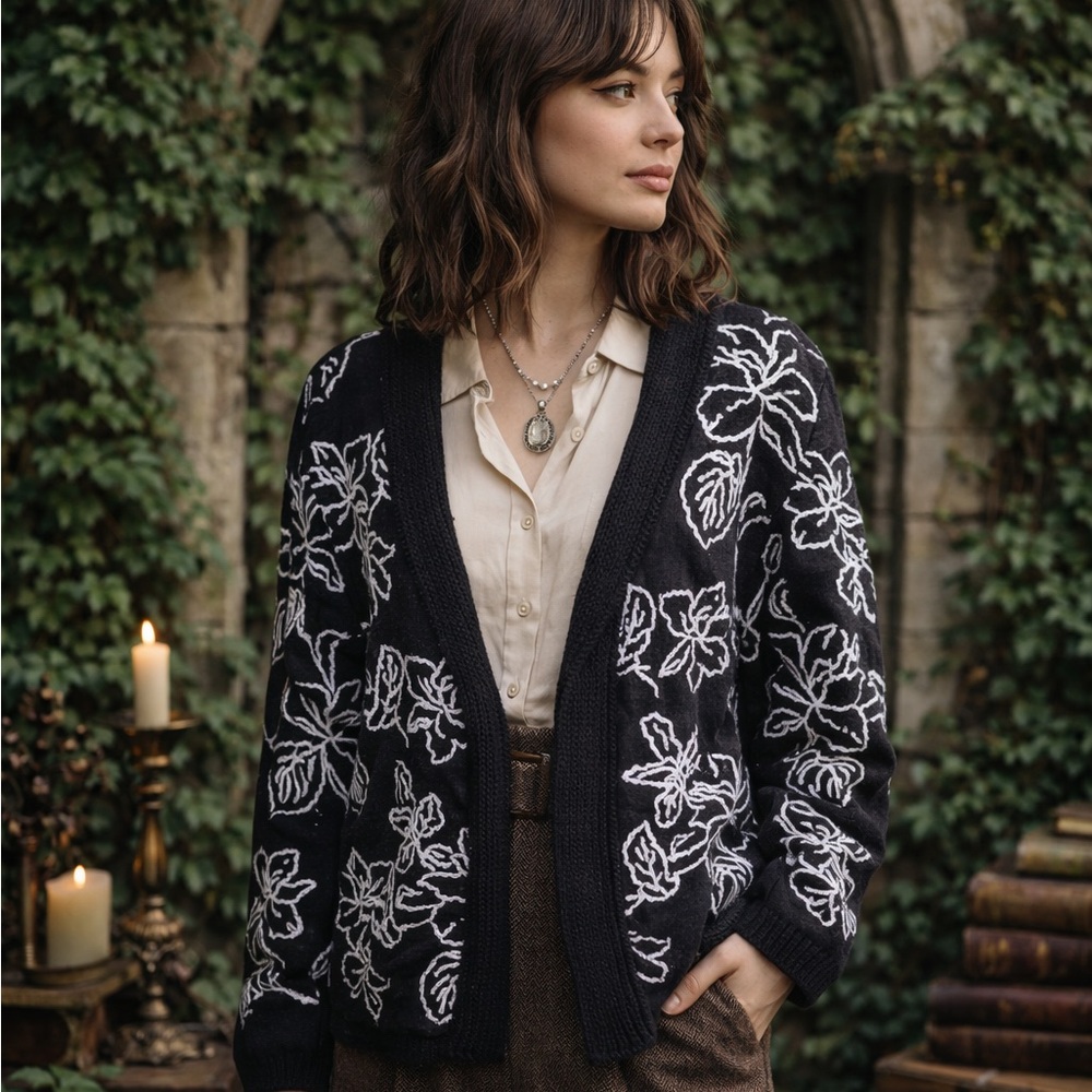 SKOVHUUS Gray Patterned Single-Button Front Danish Cardigan, M